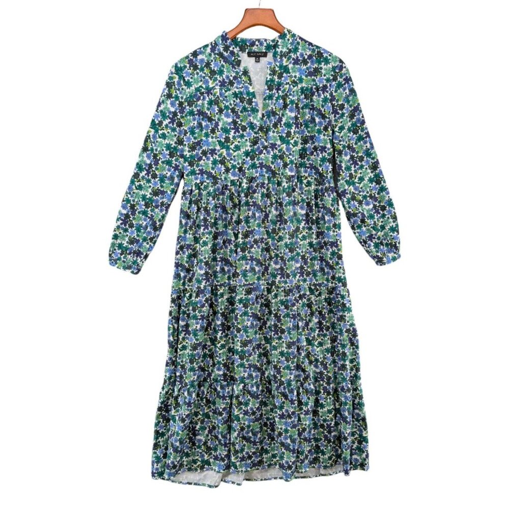 Aly Daly Floral Midi Dress Green Multicolor Long Sleeve Pleated Boho Size M